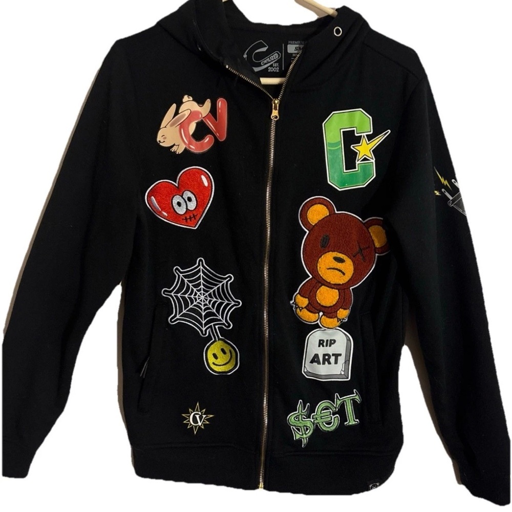 Civilized Graphic Black Zip Up Hoodie Patches & Decals Gold Zipper Sweatshirt